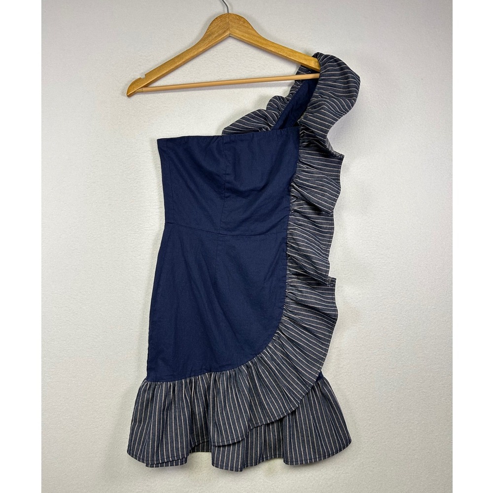 Nautical Coastal Venus Women XS Navy Pinstripe Ruffle One Shoulder Mini Dress